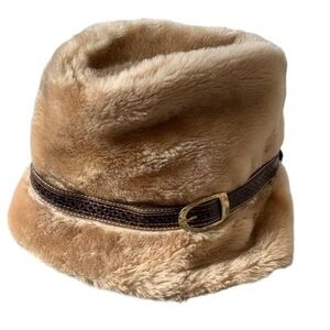 Vintage Faux Fur Bucket Hat with Faux Croc Leather Band and Gold Buckle